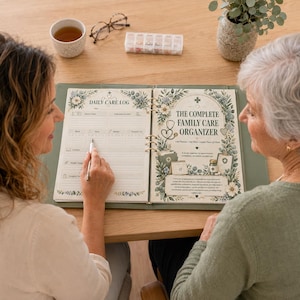 K&ouml;nnte beinhalten: Ein gr&uuml;ner Ordner mit dem Titel The Complete Family Care Organizer und einer Daily Care Log-Seite. Der Einband zeigt florale Illustrationen, ein Stethoskop und medizinische Symbole. Die Innenseiten enthalten Abschnitte f&uuml;r Medikamente und Pflege.