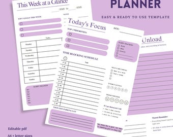 ADHS Kalender | Tägliche & Wöchentliche druckbare + bearbeitbare digitale PDF | Lavendel ADHS Organizer | Zeitblockierung, Habit Tracker, Brain Dump | A4