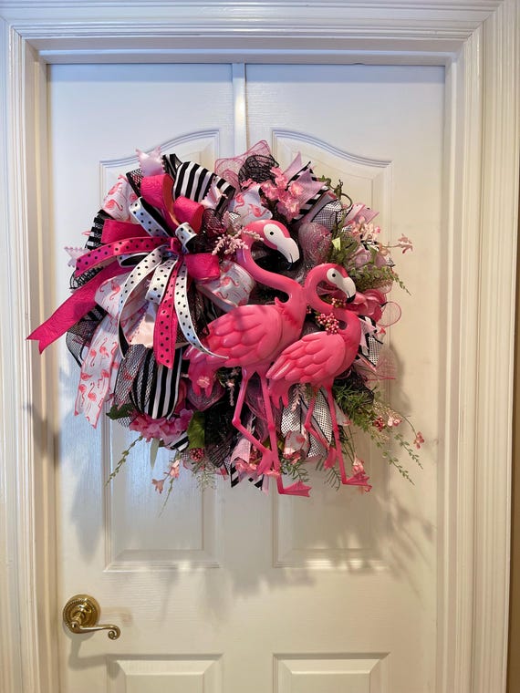 Pink  Flamingo Wreath for Door, Pink Summer Wreath, Tropical Flamingo Decor, Mesh Ribbon Wreath, Beach Theme Door Decor, Flamingo Wall Ar