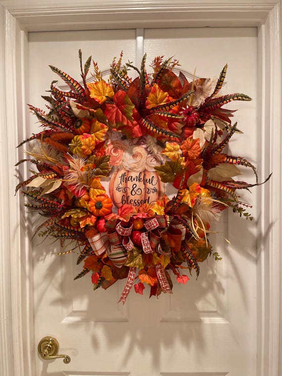 Thankful Blessed Fall Wreath: Pumpkins, Feathers & Maple Leaves