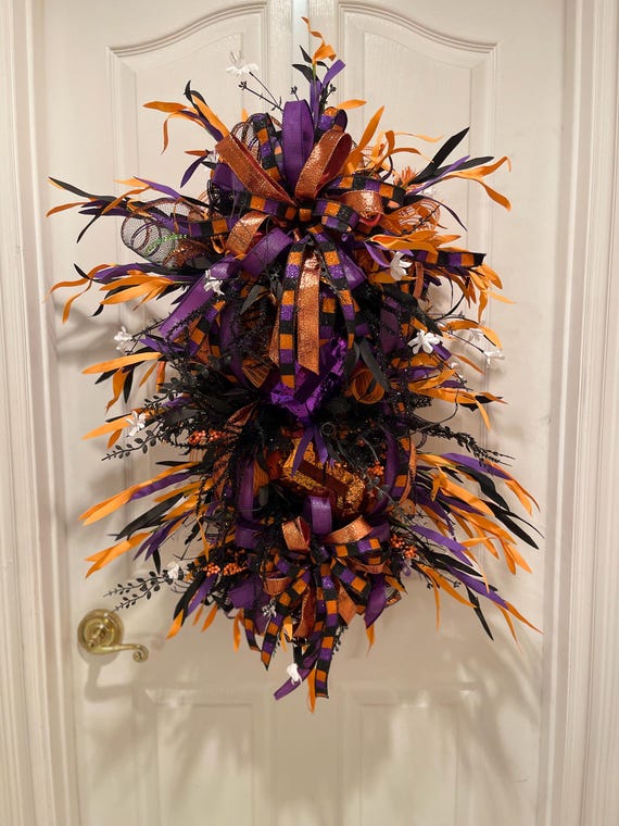 Halloween Door Swag: Purple Orange Glitter Wreath, Spooky Witch Decor