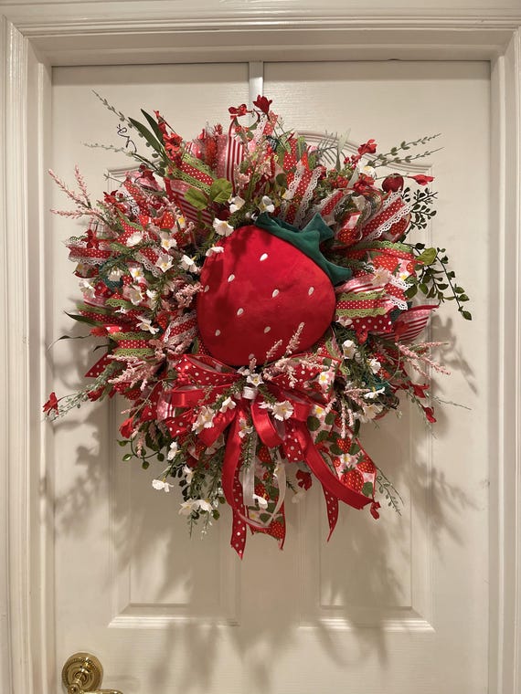 Strawberry Wreath: Summer Farmhouse Door Decor with Red & Pink Ribbons