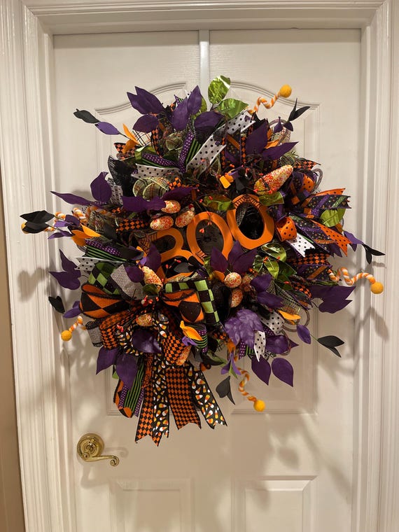Whimsical Halloween BOO Wreath: Purple, Orange, & Green Door Decor