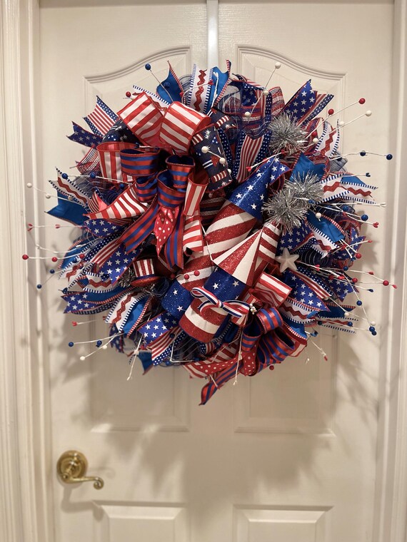 Patriotic 4th of July Wreath: Red, White & Blue Firecracker Door Decor