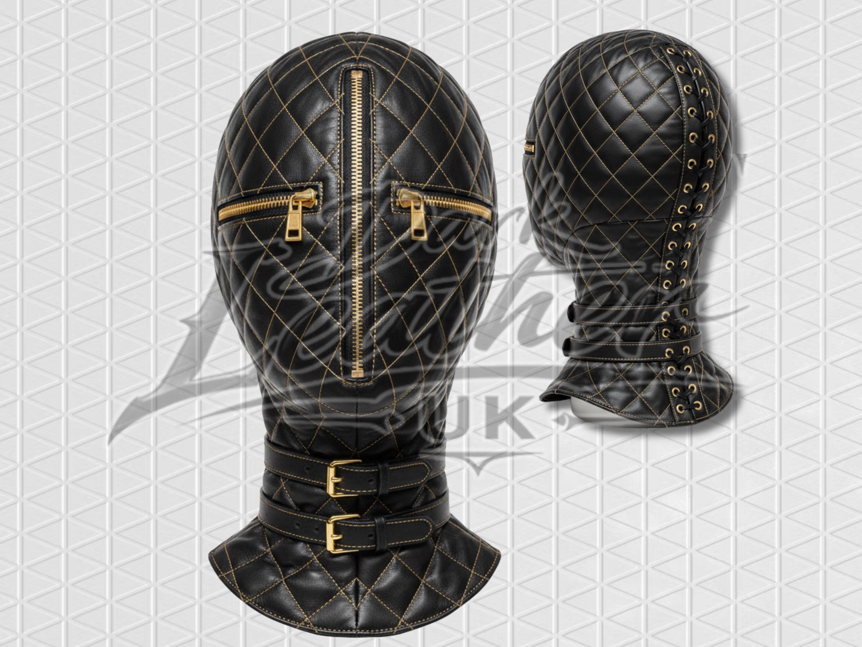 Handmade Quilted Leather Full Hood Mask Lace Up Zipper Hood Custom Made