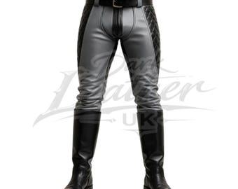 Handmade Men's Quilted Cowhide Leather Pants – Gray Black Slim Fit Custom Measure available