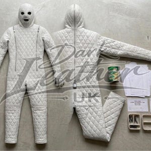 Handmade White Quilted Leather Full Body Hooded Suit Custom Made Padded Catsuit