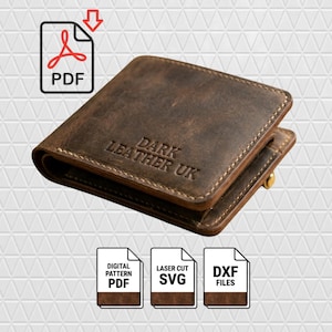 May include: A dark brown leather wallet with the text "DARK LEATHER UK" embossed on the front. The wallet is folded and has visible stitching. Digital pattern PDF, SVG, and DXF files are also shown.