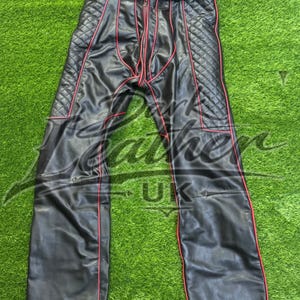 Custom Black Leather Pants with Red Piping and Quilted Panels – Made to Measure