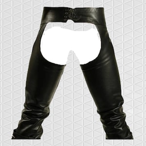 May include: Black leather chaps with a high waist and lace-up detailing at the back. The chaps feature a cutout design and extend to the ankles. The leather has a slight sheen, and the overall style is edgy and bold.