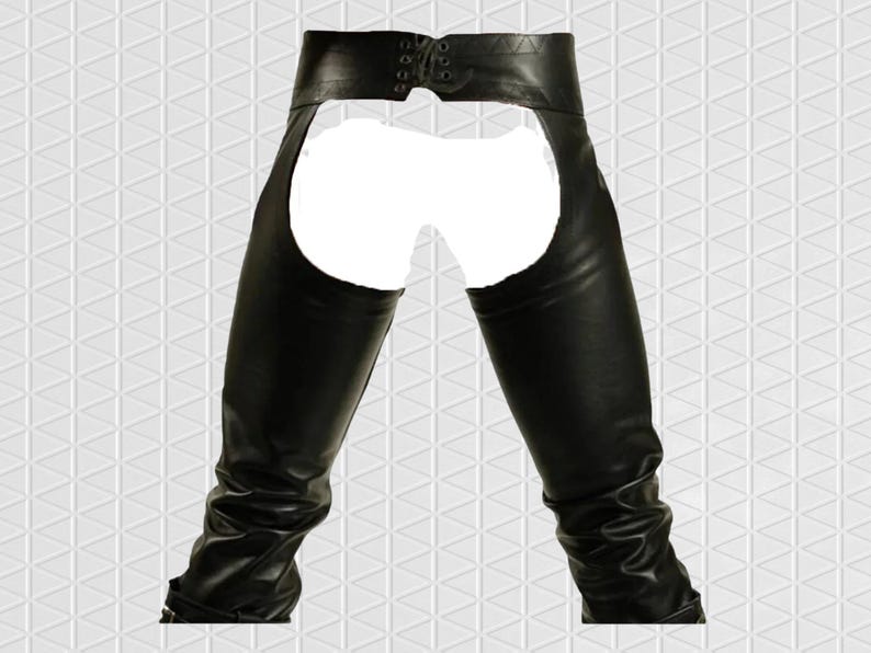 May include: Black leather chaps with a high waist and lace-up detailing at the back. The chaps feature a cutout design and extend to the ankles. The leather has a slight sheen, and the overall style is edgy and bold.