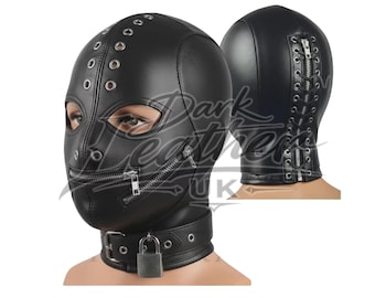 Handmade Black Genuine Leather Hood Mask with Zipper Mouth & Open Eyes
