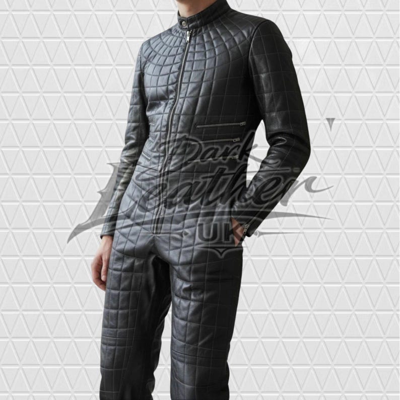 Men's Real Leather Spider Web Quilted Jumpsuit – Custom Motorcycle Biker Racing Suit image 2