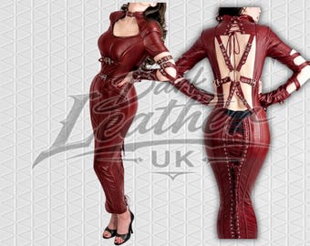 Handmade Red Leather Gothic Corset Dress Full Length Hobble Bodycon Dress
