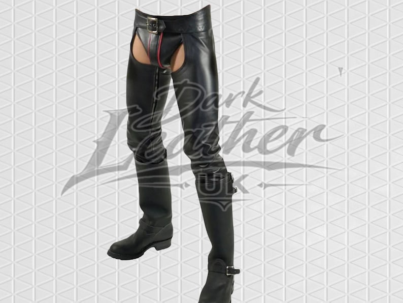 May include: Black leather chaps with a red zip and buckle fastenings. The chaps have a cutout design and are worn with black boots. The image is set against a white geometric background.