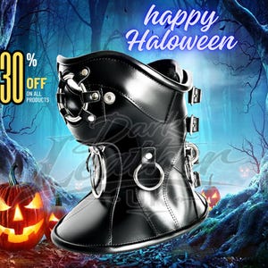 May include: Black leather restraint with metal hardware, including buckles and rings. The product is featured in a Halloween-themed image with jack-o'-lanterns and the text "happy Halloween". A banner indicates 30% off all products.