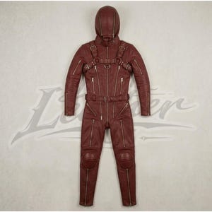 Handmade Red cow Leather Catsuit with Hood, Zipper Bodysuit Costume