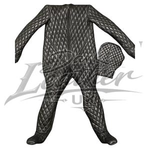 May include: Black quilted jumpsuit with a matching hood. The one-piece garment features a full-length zipper and diamond-patterned stitching. The jumpsuit has attached feet and long sleeves.