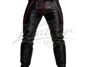 Men's Black Quilted Leather Pants with Red Accent – Slim Fit Handmade Custom Size