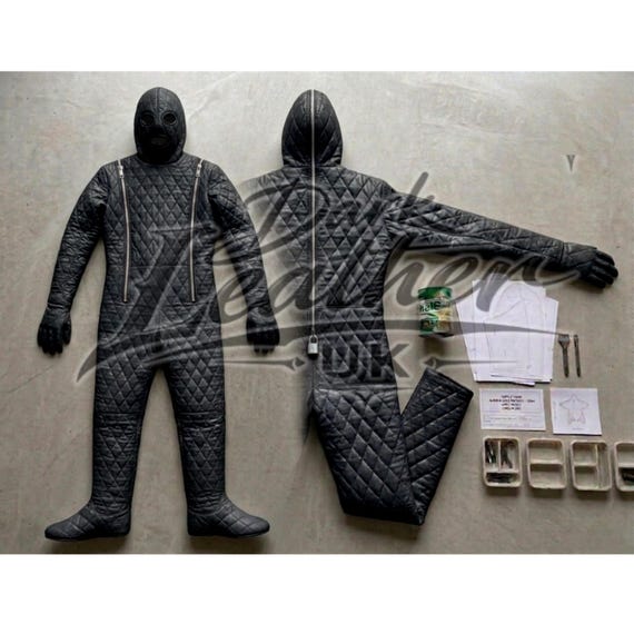 Handmade Black Quilted Leather Full Body Hooded Suit Custom Made Padded Catsuit