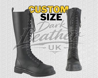 Men’s Black Knee High Leather Combat Boots Steel Toe Lace Up Military Biker Boots