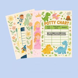 Lot de tableaux d'apprentissage de la propreté – 5 tableaux de récompenses imprimables pour les tout-petits | Dinosaures, princesse, fleurs, espace et thèmes Dino floraux
