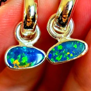 Natural Australian Opal Hoops 925 sterling silver 7, Black Opal charm, Doublet opal huggies silver, genuine blue opal earrings women october
