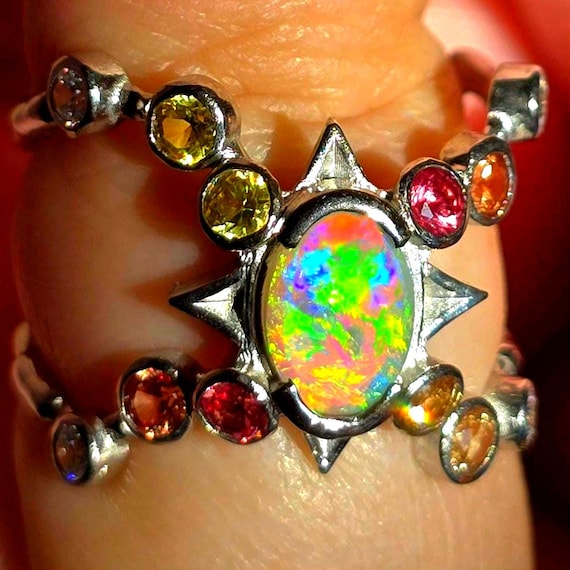 Natural Australian Opal Ring, 925 Silver, Sapphire, Size 5.75 Genuine Black Opal Ring Opal Jewelry Celestial Star Unique Art Deco Women Boho