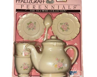 Juego de té de juguete Pfaltzgraff Perennials The Tea Rose Collection de 7 piezas, NUEVO Vintage