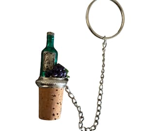Vintage Wine Bottle Stopper With Chain Cork Metal Green Bottle Purple Grapes