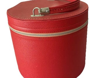 Zug Fall Rot Kunstleder Runde 11 "Make Up Reise Eitelkeit Retro Vintage