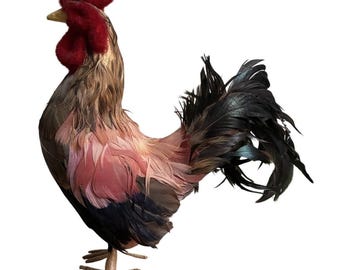 Galo de pé realista com penas, estilo rústico campestre, 24 cm (9,5") *com defeitos