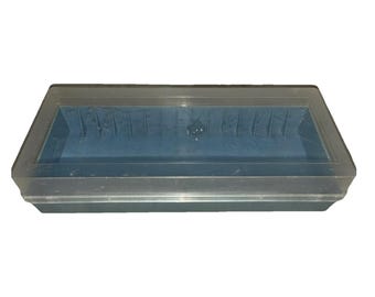 Estuche para guardar cintas de casete, tapa azul transparente, 15 ranuras, estilo vintage.