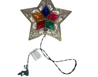 Kerstster boomtopper namaak glas-in-loodverlichting 9" vintage