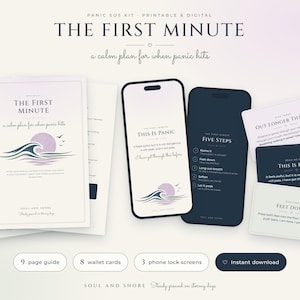 May include: A Panic SOS Kit featuring a 9-page guide, 8 wallet cards, and 3 phone lock screens titled The First Minute: A Calm Plan for When Panic Hits. The design includes a purple sun and wave graphic with text instructions for managing panic.