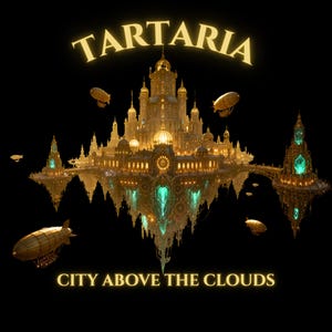 Può includere: Illustrazione digitale di una città dorata e ornata che fluttua nel cielo, con la parola "TARTARIA" ad arco sopra. La frase "CITY ABOVE THE CLOUDS" è sotto, con diversi dirigibili.