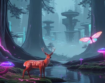 Neon Fantasy Forest Becher - Glühende Hirsche und Pilze 15 Unzen Kaffeetasse, futuristisches Natur Geschenk
