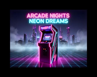 May include: A retro arcade machine with the text "ARCADE NIGHTS NEON DREAMS" in pink and blue neon lights. The machine is black with pink and blue accents, set against a cityscape with a neon grid floor.