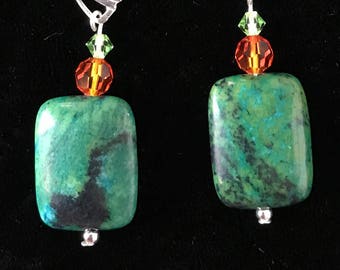 Speckled stone, orange, and green crystal earrings