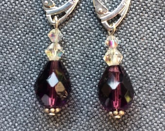 Faceted purple glass droplets with clear crystal earrings