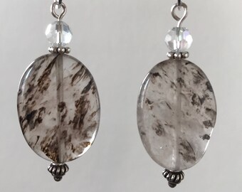 Speckled black moss quartz and crystal earrings