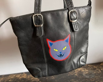 Purple kitty-cat: upcycled hand-painted leather purse.