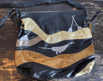 Narwals at play: upcycled hand painted shoulder purse.