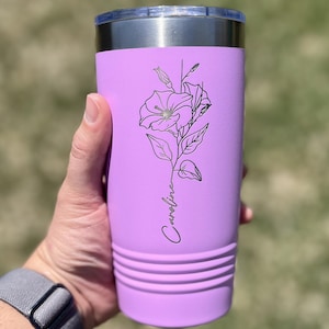 Custom Engraved Birth Flower Tumbler – Personalized Gift for Mom, Bridesmaid, Realtor or Logo – 20 oz Stainless Steel Cup