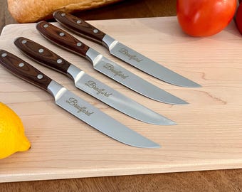 Personalized Steak Knife Set: Engraved Pakkawood Handle, German Steel, 4-Piece