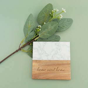 Personalized Marble & Acacia Coasters – Custom Engraved Square Coasters with Name, Monogram, or Logo