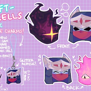 May include: Acrylic phone charms with a purple and pink theme. The charms feature illustrations of a character with a helmet and a fiery, dark entity. The text on the image says "Drift-Cells" and "Acrylic Phone Charms!"