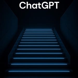 May include: A dark, stylized image featuring a staircase with glowing blue lines. The words "Guide ChatGPT" are in white at the top. The steps are illuminated with horizontal blue lights, creating a futuristic aesthetic.