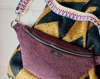 Burgundy Red Callie fanny pack in durable canvas with rustic weave, adjustable strap