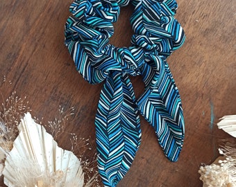 Turquoise printed scrunchie, multicolored scarf printed in vegetable silk viscose